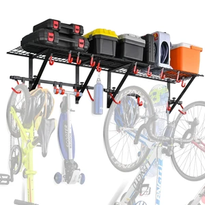 Garage Wall Shelving with Bike Hooks, Adjustable Storage Rack | Two adjustable wall shelving units expand garage storage for bikes, tools, sports equipment and seasonal gear. Garage Wall Shelving with Bike Hooks, Adjustable Storage Rack | Two adjustable wall shelving units expand garage storage for bikes, tools, sports equipment and seasonal gear.