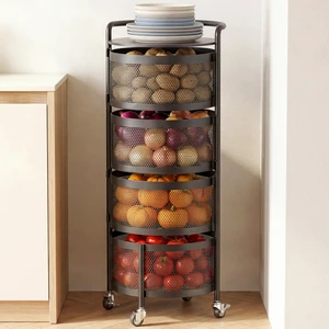 No Assembly Rotating Kitchen Storage Rack, 4-Tier Metal Basket Organizer with Wheels, Vegetable & Fruit Storage Cart for Pantry, Potato and Onion Storage, Black No Assembly Rotating Kitchen Storage Rack, 4-Tier Metal Basket Organizer with Wheels, Vegetable & Fruit Storage Cart for Pantry, Potato and Onion Storage, Black