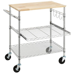 3-Tier Rolling Kitchen Cart With 18" D x 30" W Oak Wood Tabletop, Kitchen Island With 4" Wheels and Slider Shelf, Microwave & Coffee Cart With Hooks for Dining Room, Chrome 3-Tier Rolling Kitchen Cart With 18" D x 30" W Oak Wood Tabletop, Kitchen Island With 4" Wheels and Slider Shelf, Microwave & Coffee Cart With Hooks for Dining Room, Chrome