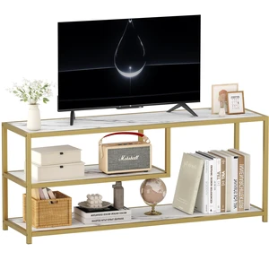 TV Stand for TVs up to 55 Inch, 3 Tier Entertainment Center, Media Console with Open Storage Shelves for Living Room Bedroom, 47 Modern TV Table with Faux Marble Top Gold Metal Leg TV Stand for TVs up to 55 Inch, 3 Tier Entertainment Center, Media Console with Open Storage Shelves for Living Room Bedroom, 47 Modern TV Table with Faux Marble Top Gold Metal Leg