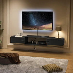 55" Floating TV Stand with Power Outlets, Modern Wall Mounted Media Console Shelf with Doors, Entertainment Center for Under TV Storage, for Living Room, Bedroom, Black BK11UDS01 55" Floating TV Stand with Power Outlets, Modern Wall Mounted Media Console Shelf with Doors, Entertainment Center for Under TV Storage, for Living Room, Bedroom, Black BK11UDS01