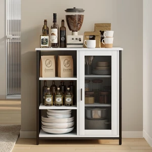 Coffee Bar Cabinet with Adjustable Shelves and Door, Rustic White | 27.5'' Coffee Station with Table, Farmhouse Sideboard Buffet, Iron Wood Frame, 3-Tier, for Tea, Dishes, Snacks, Home Kitchen Coffee Bar Cabinet with Adjustable Shelves and Door, Rustic White | 27.5'' Coffee Station with Table, Farmhouse Sideboard Buffet, Iron Wood Frame, 3-Tier, for Tea, Dishes, Snacks, Home Kitchen