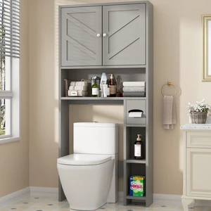 Over the Toilet Storage Cabinet, Bathroom Storage Cabient with Barn Doors, Bathroom Storage Shelf Organizer with Toilet Paper Holder, Adjustable Shelf and Anti-Tip Device, Gray Over the Toilet Storage Cabinet, Bathroom Storage Cabient with Barn Doors, Bathroom Storage Shelf Organizer with Toilet Paper Holder, Adjustable Shelf and Anti-Tip Device, Gray