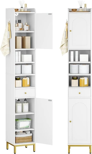 Tall Bathroom Cabinet with Adjustable Shelves, Storage Cabinet | Tall Bathroom Storage Cabinet with Adjustable Shelves & Doors & Drawer, Narrow Toilet Paper Storage Cabinet,White BC29013G Tall Bathroom Cabinet with Adjustable Shelves, Storage Cabinet | Tall Bathroom Storage Cabinet with Adjustable Shelves & Doors & Drawer, Narrow Toilet Paper Storage Cabinet,White BC29013G