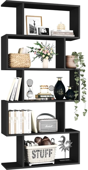 Bookshelf 5-Tier, Geometric Bookcase S Shaped Book Shelves for Bedroom, Modern Wood Decorative Display Shelf Book Case for Home Office, Black Bookshelf 5-Tier, Geometric Bookcase S Shaped Book Shelves for Bedroom, Modern Wood Decorative Display Shelf Book Case for Home Office, Black