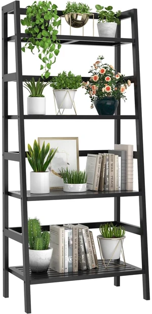 Black Ladder Shelf, 4-Tier Bamboo Bookshelf & Bookcase Organizer | 49.2 Freestanding Open Display Storage Shelves, Wooden Plant Stand Rack for Small Space, Bathroom, Living Room, Bedroom Black Ladder Shelf, 4-Tier Bamboo Bookshelf & Bookcase Organizer | 49.2 Freestanding Open Display Storage Shelves, Wooden Plant Stand Rack for Small Space, Bathroom, Living Room, Bedroom