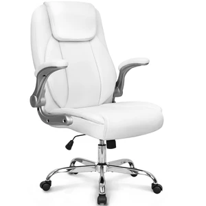 Office Desk Chair, High Back PU Leather with Flip-up Arms, White | Ergonomic Tall Computer Desk Chair Comfy, Height Adjustable, Swivel Rolling Wheels for Office Home Gaming Study Office Desk Chair, High Back PU Leather with Flip-up Arms, White | Ergonomic Tall Computer Desk Chair Comfy, Height Adjustable, Swivel Rolling Wheels for Office Home Gaming Study