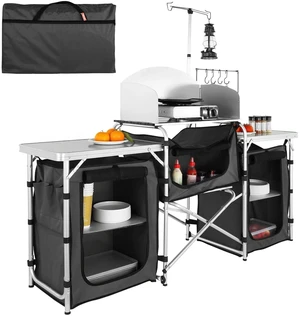 Camping Kitchen Table, Folding Outdoor Cooking Table with Storage Carrying Bag, Aluminum Cook Station 3 Cupboard & Detachable Windscreen, Quick Set-up for Picnics, BBQ, RV Traveling, Black Camping Kitchen Table, Folding Outdoor Cooking Table with Storage Carrying Bag, Aluminum Cook Station 3 Cupboard & Detachable Windscreen, Quick Set-up for Picnics, BBQ, RV Traveling, Black