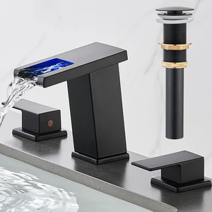 LED Bathroom Faucet 3 Hole, Matte Black Waterfall Bathroom Faucets | 8 Inch Widespread Modern Bathroom Sink Faucet & Parts, Wide Spread Touch On Three Hole 2 Handle Bathroom Vanity Faucet LED Bathroom Faucet 3 Hole, Matte Black Waterfall Bathroom Faucets | 8 Inch Widespread Modern Bathroom Sink Faucet & Parts, Wide Spread Touch On Three Hole 2 Handle Bathroom Vanity Faucet