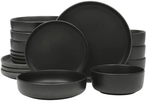 Pasco 16 Piece (Service for 4) Plates and Bowls Double Bowl Reactive Glaze Dishes Stoneware Ceramic Dinnerware Set - Black Pasco 16 Piece (Service for 4) Plates and Bowls Double Bowl Reactive Glaze Dishes Stoneware Ceramic Dinnerware Set - Black