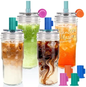 Bamboo Mason 24oz Glass Tumbler with Straw Leakproof Lid, Cap Cup Mason Jar 4 Color Caps, Self-Assembly Leak-Proof Lid Straw, Reusable Iced Coffee Cup, Mason Jar Drinking Glass Coffee Gifts Bamboo Mason 24oz Glass Tumbler with Straw Leakproof Lid, Cap Cup Mason Jar 4 Color Caps, Self-Assembly Leak-Proof Lid Straw, Reusable Iced Coffee Cup, Mason Jar Drinking Glass Coffee Gifts