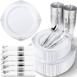350Pcs Silver Plastic Plates, Plastic Dinnerware Set for 50 Guests | 50 7.5" Dessert & 50 10.25"Dinner Plastic Plates, 150 Silverware, 50 10oz Cups, 50 Napkins for Wedding & Party, BPA-free 350Pcs Silver Plastic Plates, Plastic Dinnerware Set for 50 Guests | 50 7.5" Dessert & 50 10.25"Dinner Plastic Plates, 150 Silverware, 50 10oz Cups, 50 Napkins for Wedding & Party, BPA-free