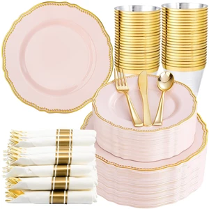 350 Pcs Pink and Gold Plastic Plates for Wedding & Party | Pink Plastic Dinnerware Set Includes 50 Dinner Plates, 50 Dessert Dinnerware, 50 Cups, 50 Rolled Napkin Cutlery 350 Pcs Pink and Gold Plastic Plates for Wedding & Party | Pink Plastic Dinnerware Set Includes 50 Dinner Plates, 50 Dessert Dinnerware, 50 Cups, 50 Rolled Napkin Cutlery