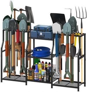 Garden Tool Organizer, Heavy Duty Yard Tool Tower Rack for Garage Organization and Storage, 3 Tier Utility Garden Tool Rack with hooks for Garden/Shed/Garage/Yard/Basement/Lawn Garden Tool Organizer, Heavy Duty Yard Tool Tower Rack for Garage Organization and Storage, 3 Tier Utility Garden Tool Rack with hooks for Garden/Shed/Garage/Yard/Basement/Lawn