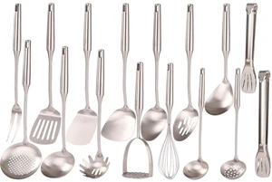18/10 Stainless Steel Small & Large Cooking Spoons Set - All Metal Utensils | 16 PCS Kitchen Utensils Set - Whisk, Masher, Fork, Tongs, Solid/Slotted Spoon, Spatula, Turner, Ladle, Skimmer, Pasta 18/10 Stainless Steel Small & Large Cooking Spoons Set - All Metal Utensils | 16 PCS Kitchen Utensils Set - Whisk, Masher, Fork, Tongs, Solid/Slotted Spoon, Spatula, Turner, Ladle, Skimmer, Pasta