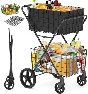 2-Tier Collapsible 400Lbs Heavy Duty Shopping Cart for Groceries | Grocery Cart with 2 Removable Storage Baskets, 360° Rolling Swivel Wheels, Waterproof Liner, Utility Carts for Transport Gift 2-Tier Collapsible 400Lbs Heavy Duty Shopping Cart for Groceries | Grocery Cart with 2 Removable Storage Baskets, 360° Rolling Swivel Wheels, Waterproof Liner, Utility Carts for Transport Gift