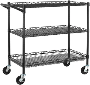 3 Tier Heavy Duty Commercial Grade Utility Cart, Wire Rolling Cart with Handle Bar, Steel Service Cart with Wheels, Kitchen Carts on Wheels, Metal Cart Shelf Size 18" D x 36" W, NSF, Black 3 Tier Heavy Duty Commercial Grade Utility Cart, Wire Rolling Cart with Handle Bar, Steel Service Cart with Wheels, Kitchen Carts on Wheels, Metal Cart Shelf Size 18" D x 36" W, NSF, Black