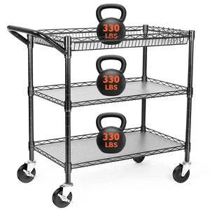 Heavy Duty Utility Cart, 990Lbs Capacity 3 Tier Rolling Carts with Wheels, Kitchen Cart on Wheels with Storage, Commercial Grade Metal Serving Carts with Wire Shelving &Handle Bar, Black Heavy Duty Utility Cart, 990Lbs Capacity 3 Tier Rolling Carts with Wheels, Kitchen Cart on Wheels with Storage, Commercial Grade Metal Serving Carts with Wire Shelving &Handle Bar, Black