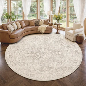 8ft Round Washable Beige Neutral Oriental Living Room Area Rug | Cream Circle Distressed Vintage Non Slip Low Pile Soft Thin Small Accent Indoor Carpet Bedroom Dining Room Table Living Room 8ft Round Washable Beige Neutral Oriental Living Room Area Rug | Cream Circle Distressed Vintage Non Slip Low Pile Soft Thin Small Accent Indoor Carpet Bedroom Dining Room Table Living Room