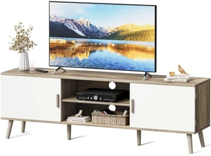 TV Stand for 55 Inch TV, Entertainment Center with Adjustable Shelf, 2 Cabinets, TV Console Table, Media Console, Solid Wood Feet, Cord Holes, for Living Room, Bedroom, Gray and White TV Stand for 55 Inch TV, Entertainment Center with Adjustable Shelf, 2 Cabinets, TV Console Table, Media Console, Solid Wood Feet, Cord Holes, for Living Room, Bedroom, Gray and White