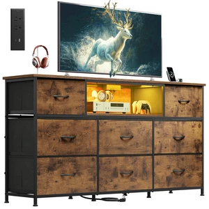 LED Dresser TV Stand for 65 Inch TV, 8 Drawers, Rustic Brown | Fits TVs up to 65 inch, 8 fabric drawers, LED chest of drawers, Built-in power outlet, Living room or bedroom LED Dresser TV Stand for 65 Inch TV, 8 Drawers, Rustic Brown | Fits TVs up to 65 inch, 8 fabric drawers, LED chest of drawers, Built-in power outlet, Living room or bedroom