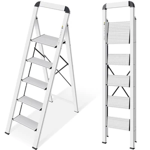 Aluminium 5 Step Ladder, Lightweight Step Stool with Non-Skid Pedals, Handrail, Foldable Step Ladder for Kitchen, Garage, Home, Space Saving, Sturdy and Portable, Silver Aluminium 5 Step Ladder, Lightweight Step Stool with Non-Skid Pedals, Handrail, Foldable Step Ladder for Kitchen, Garage, Home, Space Saving, Sturdy and Portable, Silver