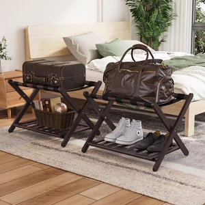 Fully Assembled Brown Luggage Racks Pack of 2, Upgraded Bamboo Foldable Suitcase Stand with 5 Nylon Straps, Luggage Holder with Shelf for Guest Room Bedroom Hotel Fully Assembled Brown Luggage Racks Pack of 2, Upgraded Bamboo Foldable Suitcase Stand with 5 Nylon Straps, Luggage Holder with Shelf for Guest Room Bedroom Hotel