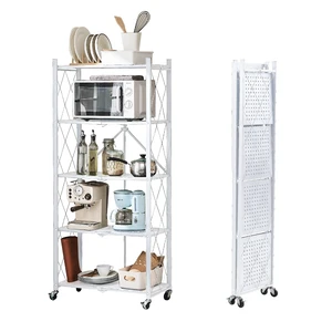 5-Tier Foldable Storage Shelves with Wheels, Folding Metal Rack Shelving Unit, Heavy Duty No Assembly Organizer Shelf for Garage, Kitchen, Basement, Pantry, White 5-Tier Foldable Storage Shelves with Wheels, Folding Metal Rack Shelving Unit, Heavy Duty No Assembly Organizer Shelf for Garage, Kitchen, Basement, Pantry, White