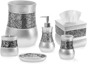 Crackled Glass 6 Pc. Silver Resin Bathroom Accessories Set | Includes Trash can, Tissue Box Cover, Soap Dispenser, Toothbrush Holder, Tumbler Cup & Soap Dish Crackled Glass 6 Pc. Silver Resin Bathroom Accessories Set | Includes Trash can, Tissue Box Cover, Soap Dispenser, Toothbrush Holder, Tumbler Cup & Soap Dish