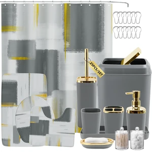 Bathroom Set - Grey and Gold Bathroom Accessories Set, Bathroom Sets with Shower Curtain and Rugs, Grey Shower Curtain Set with Bathroom Trash Can, Soap Dispenser, Soap Dish for Home Decor Bathroom Set - Grey and Gold Bathroom Accessories Set, Bathroom Sets with Shower Curtain and Rugs, Grey Shower Curtain Set with Bathroom Trash Can, Soap Dispenser, Soap Dish for Home Decor