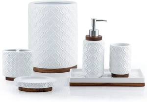 Ceramic Bathroom Accessories Set,Cream White,6 Piece,with Trash Can | bathroom set soap dispenser toothbrush holder tumbler soap dish trash can tray embossed cream white ceramic easy to clean Ceramic Bathroom Accessories Set,Cream White,6 Piece,with Trash Can | bathroom set soap dispenser toothbrush holder tumbler soap dish trash can tray embossed cream white ceramic easy to clean