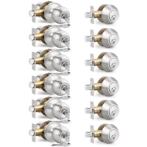 6 Pack Keyed Entry Door Knob and Single Cylinder Deadbolt Combination Set in Satin Nickel, Keyed Alike Exterior Knob Door Handle and Deadbolt Lock and Key, Round Locking Lever Handle Set 6 Pack Keyed Entry Door Knob and Single Cylinder Deadbolt Combination Set in Satin Nickel, Keyed Alike Exterior Knob Door Handle and Deadbolt Lock and Key, Round Locking Lever Handle Set