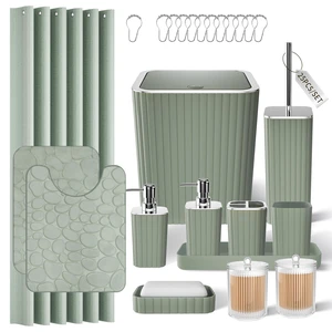 Bathroom Set - Bathroom Set with Shower Curtain and Rugs, Sage Green | 25PC Bathroom Accessories Set, Sage Green Shower Curtain Set, Toilet Brush, Press Lid Trash Can, Qtip Holder & Soap Dispenser Bathroom Set - Bathroom Set with Shower Curtain and Rugs, Sage Green | 25PC Bathroom Accessories Set, Sage Green Shower Curtain Set, Toilet Brush, Press Lid Trash Can, Qtip Holder & Soap Dispenser