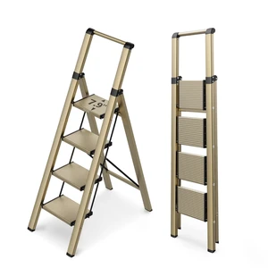 4 Step Ladder, 300lbs Load, 36'' Top Step, Gold | 9ft Reach; 7.9'' Wide Pedals; Anti-Slip Feet Grip Wood, Tile, Carpet; Rigid Aluminum Steps; Handrail Adds Balance. 4 Step Ladder, 300lbs Load, 36'' Top Step, Gold | 9ft Reach; 7.9'' Wide Pedals; Anti-Slip Feet Grip Wood, Tile, Carpet; Rigid Aluminum Steps; Handrail Adds Balance.