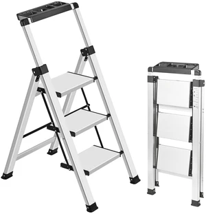 3 Step Ladder, Aluminum Folding Stool with Retractable Handgrip | 375 lbs Heavy Duty | 9.5lbs Lightweight | Removable Tool Tray | Non-Slip Pedals | Slim 2.5" Fold for Kitchen, Closet & Garage 3 Step Ladder, Aluminum Folding Stool with Retractable Handgrip | 375 lbs Heavy Duty | 9.5lbs Lightweight | Removable Tool Tray | Non-Slip Pedals | Slim 2.5" Fold for Kitchen, Closet & Garage