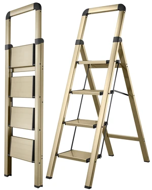 Step Ladder 4-Step Champagne Finish Aluminum Folding Ladders | Anti-slip Sturdy Portable Foldable Ladder Modern Step Stool for Kitchen Home Office Libaray Step Ladder 4-Step Champagne Finish Aluminum Folding Ladders | Anti-slip Sturdy Portable Foldable Ladder Modern Step Stool for Kitchen Home Office Libaray