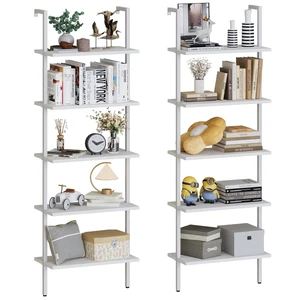 Ladder Shelf 2 PCS White Bookshelf 5-Tier Wooden Open Shelf Wall-Mounted Wood Rack Industrial Modern Plant Flower Stand Utility Organizer Bookcase Metal Frame Furniture Office Kitchen Bedroom Ladder Shelf 2 PCS White Bookshelf 5-Tier Wooden Open Shelf Wall-Mounted Wood Rack Industrial Modern Plant Flower Stand Utility Organizer Bookcase Metal Frame Furniture Office Kitchen Bedroom
