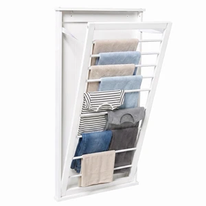 Wall-Mount Wooden Clothes Drying Rack, 30 lb, White | Wall-mount white MDF rack folds to 2.25 in deep and holds 30 lb. Furniture-style look for laundry room or bath. Wall-Mount Wooden Clothes Drying Rack, 30 lb, White | Wall-mount white MDF rack folds to 2.25 in deep and holds 30 lb. Furniture-style look for laundry room or bath.
