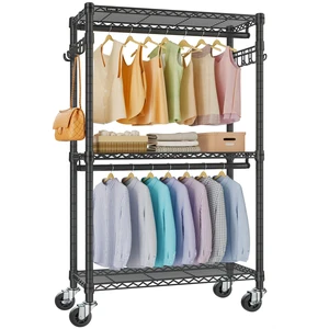 R2 Medium Clothes Rack for Hanging Clothes Rolling Portable Closet | Lockable Silent Wheels, Double Hanging Rods, Adjustable Wire Shelving/Side Hooks, Space-Saving for Small Space, 500lbs, Black R2 Medium Clothes Rack for Hanging Clothes Rolling Portable Closet | Lockable Silent Wheels, Double Hanging Rods, Adjustable Wire Shelving/Side Hooks, Space-Saving for Small Space, 500lbs, Black