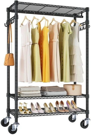 R3 Rolling Clothes Rack Heavy Duty Portable Closet for Hanging Cloth | Lockable Silent Wheels, Adjustable Wire Shelving, Metal Side Hooks, Load 374lbs, Space-Saving Storage for laundry, Black R3 Rolling Clothes Rack Heavy Duty Portable Closet for Hanging Cloth | Lockable Silent Wheels, Adjustable Wire Shelving, Metal Side Hooks, Load 374lbs, Space-Saving Storage for laundry, Black