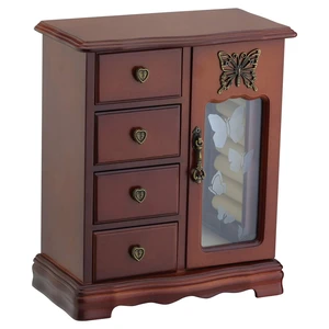 Solid Wood Jewelry Box for Women Brown | Vintage Butterfly Glass Door Jewelry Armoire with Mirror, 4 Drawers & Rotating Necklace Carousel Solid Wood Jewelry Box for Women Brown | Vintage Butterfly Glass Door Jewelry Armoire with Mirror, 4 Drawers & Rotating Necklace Carousel