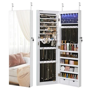 Mirror Jewelry Cabinet Armoire, Wall or Door Mounted, Lockable | Hanging Jewelry Storage, Frameless, with 6 LED Lights, Full-Length Mirror, White, BERIT Collection UJJC99WT Mirror Jewelry Cabinet Armoire, Wall or Door Mounted, Lockable | Hanging Jewelry Storage, Frameless, with 6 LED Lights, Full-Length Mirror, White, BERIT Collection UJJC99WT