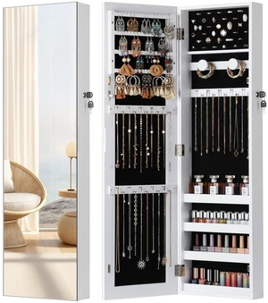 Hanging Jewelry Cabinet, Jewelry Organizers and Storage, White | Lockable Jewelry Armoire Organizer, Over the Door Mirror with Jewelry Storage, Full Length, Gift Idea, Easy Assembly Hanging Jewelry Cabinet, Jewelry Organizers and Storage, White | Lockable Jewelry Armoire Organizer, Over the Door Mirror with Jewelry Storage, Full Length, Gift Idea, Easy Assembly