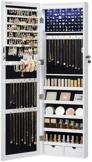 6 LEDs Mirror Jewelry Cabinet, 47.2-Inch Tall Lockable Wall or Door Mounted Jewelry Armoire Organizer with Mirror, 2 Drawers, 3.9 x 14.6 x 47.2 Inches, White UJJC93W 6 LEDs Mirror Jewelry Cabinet, 47.2-Inch Tall Lockable Wall or Door Mounted Jewelry Armoire Organizer with Mirror, 2 Drawers, 3.9 x 14.6 x 47.2 Inches, White UJJC93W