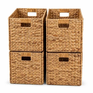 4 Decorative Hand-Woven Water Hyacinth Wicker Storage Basket, 16x11x11 Ideal for Shelving Units 4 Decorative Hand-Woven Water Hyacinth Wicker Storage Basket, 16x11x11 Ideal for Shelving Units
