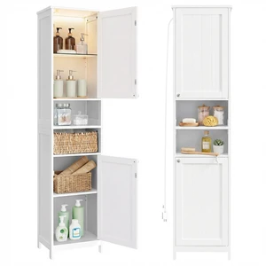 Tall Storage Cabinet with Lights, Slim, 15.7" W, Cloud White | Freestanding, Adjustable Shelves, for Small Spaces, Bathroom, Living Room, Farmhouse, SOFIE Collection UBBC766W02 Tall Storage Cabinet with Lights, Slim, 15.7" W, Cloud White | Freestanding, Adjustable Shelves, for Small Spaces, Bathroom, Living Room, Farmhouse, SOFIE Collection UBBC766W02