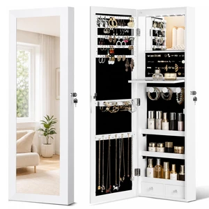 Over the Door Jewelry Organizer, Wall Mounted Jewelry Cabinet | Foldable makeup shelf, Built-in makeup mirror, Full length mirror, Hanging storage box, Lockable, 6 LEDs Over the Door Jewelry Organizer, Wall Mounted Jewelry Cabinet | Foldable makeup shelf, Built-in makeup mirror, Full length mirror, Hanging storage box, Lockable, 6 LEDs