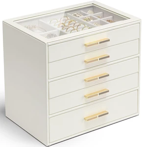 5 Layer Jewelry Box for Women, Glass Lid Jewelry Organizer with 5 Drawers for Necklaces Rings Earrings Bracelets - Cloud White 5 Layer Jewelry Box for Women, Glass Lid Jewelry Organizer with 5 Drawers for Necklaces Rings Earrings Bracelets - Cloud White