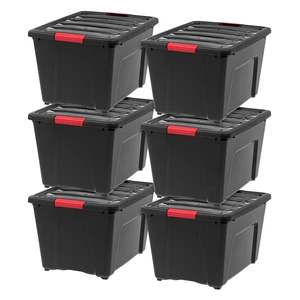 6-Pack 54 Quart Storage Bins with Lids, Black | Black finish conceals stored items. Perfect for moving, blankets, clothing, and garage storage. Nestable design saves space 6-Pack 54 Quart Storage Bins with Lids, Black | Black finish conceals stored items. Perfect for moving, blankets, clothing, and garage storage. Nestable design saves space