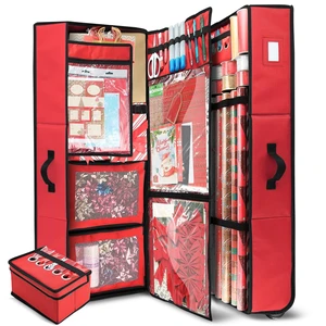 Wrapping Paper Storage Container with Ribbon Dispenser and Interior Pockets - Large Christmas Storage Containers with Wheels, Fits 30 Rolls of 40" Length, Red Wrapping Paper Storage Container with Ribbon Dispenser and Interior Pockets - Large Christmas Storage Containers with Wheels, Fits 30 Rolls of 40" Length, Red